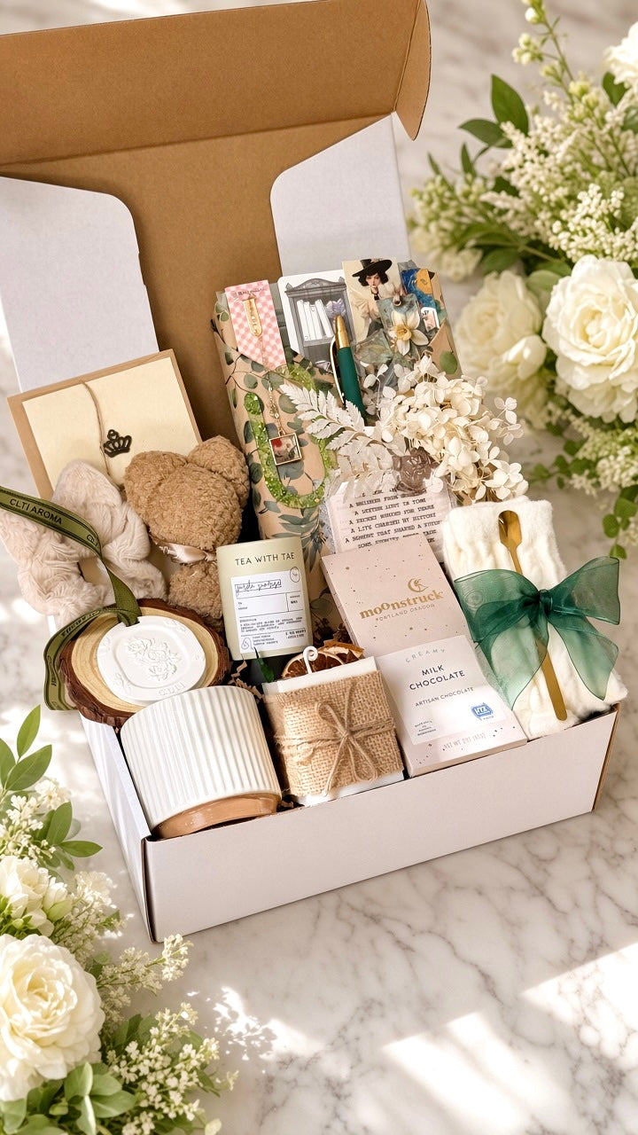 A curated gift box filled with spa and self-care items, including a teddy bear, candles, bath salts, a soap, and a wrapped gift, styled on a marble surface with white roses.